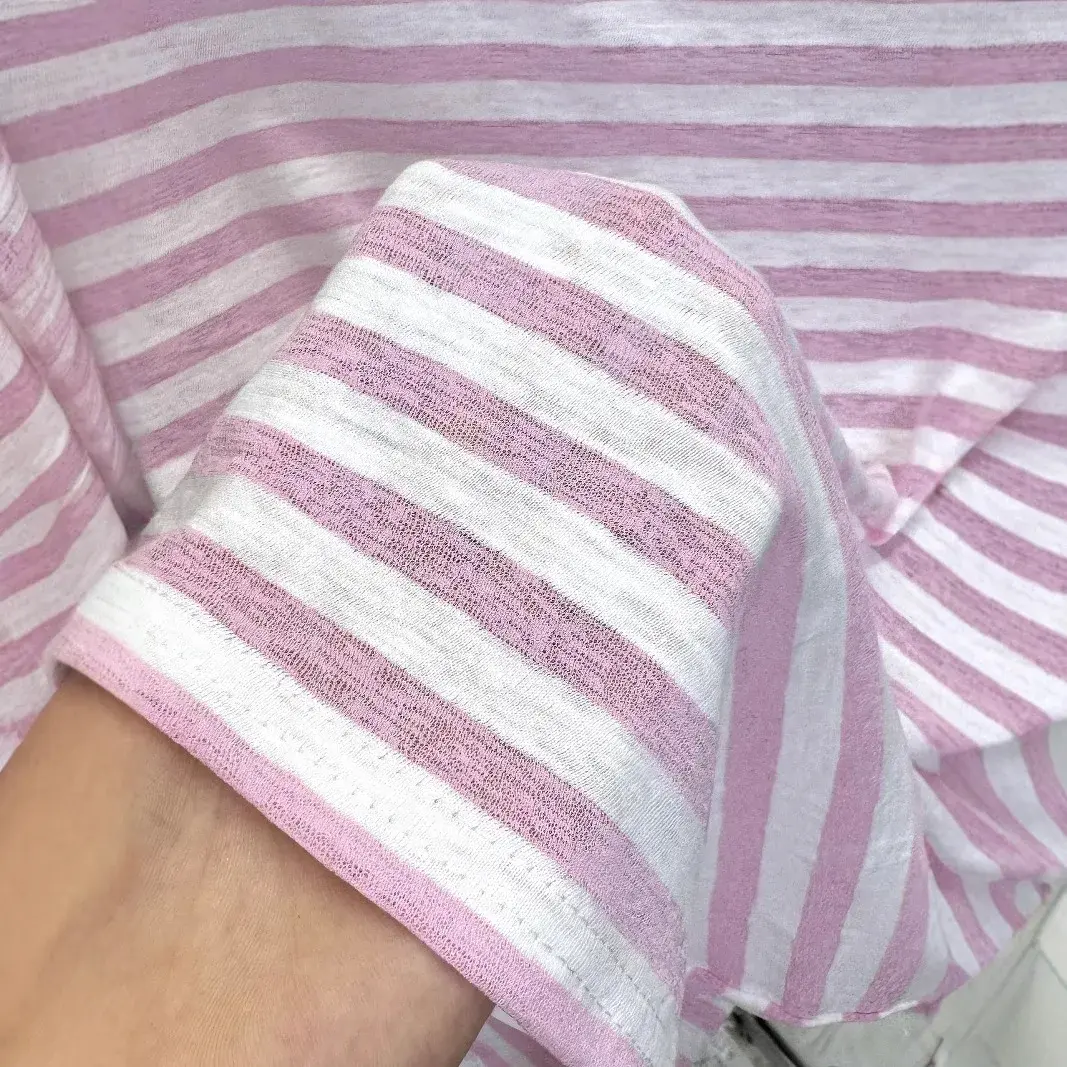 Loose Women's Long Sleeve T-Shirt Pink Stripes Thin Sunshade Casual Summer New Style Polyester Fiber Crew Neck Top