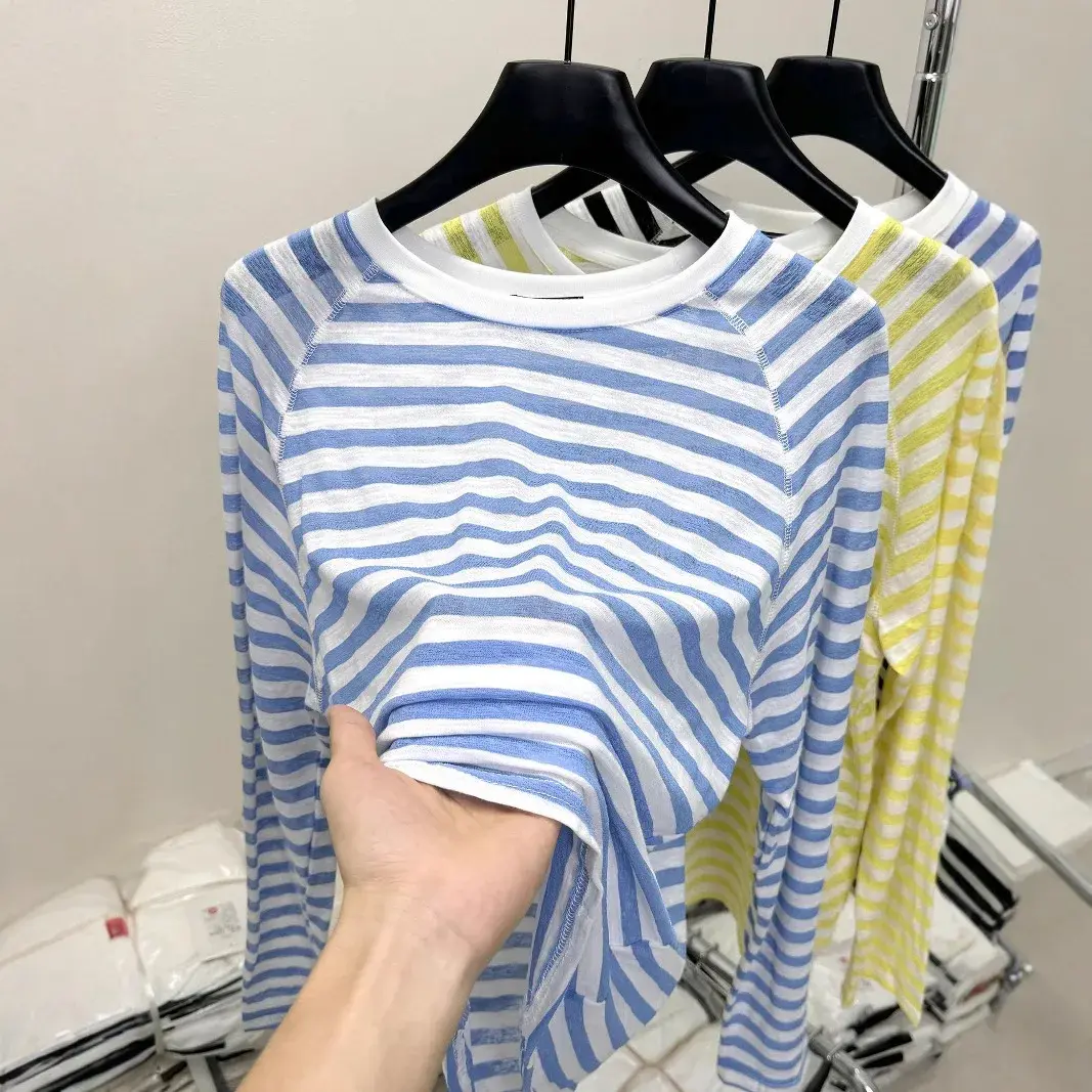 Loose Women's Long Sleeve T-Shirt Pink Stripes Thin Sunshade Casual Summer New Style Polyester Fiber Crew Neck Top