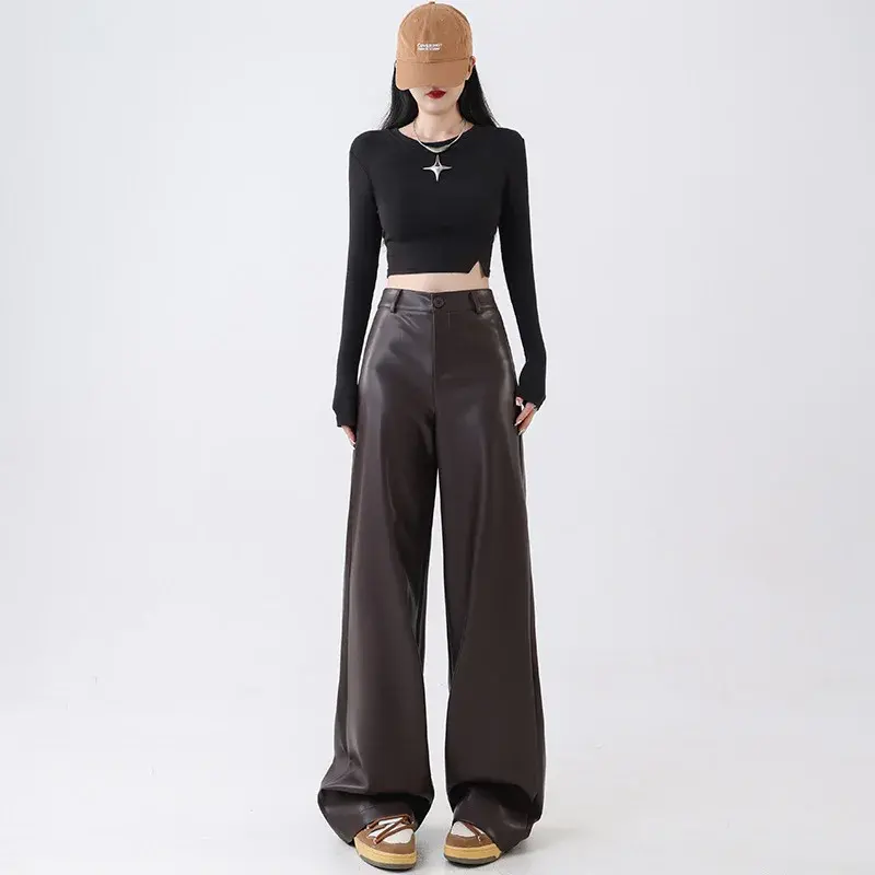 High Waist PU Leather Pants Women's Loose Wide Leg Fall Fashion Straight Cut Dramatic Black Girl Sensation Floor Length Trousers