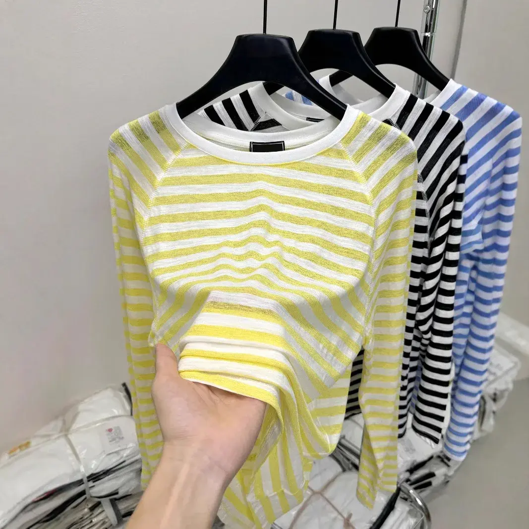 Loose Women's Long Sleeve T-Shirt Pink Stripes Thin Sunshade Casual Summer New Style Polyester Fiber Crew Neck Top