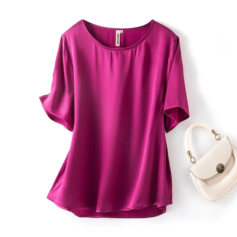 Spring Summer Women's Silk Short Sleeve T-Shirt round Neck Heavy Copper Ammonia Silk Top Large Size Simple Fashion Shirt