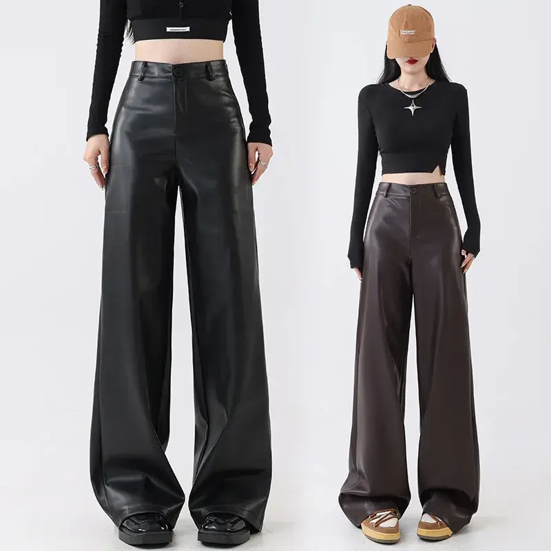 High Waist PU Leather Pants Women's Loose Wide Leg Fall Fashion Straight Cut Dramatic Black Girl Sensation Floor Length Trousers