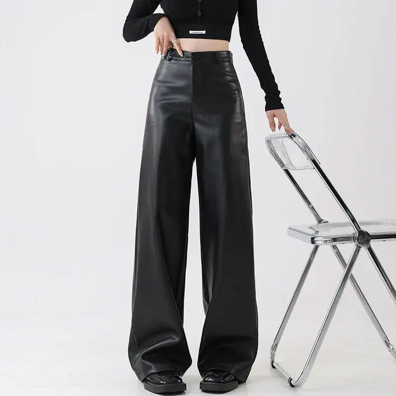 High Waist PU Leather Pants Women's Loose Wide Leg Fall Fashion Straight Cut Dramatic Black Girl Sensation Floor Length Trousers