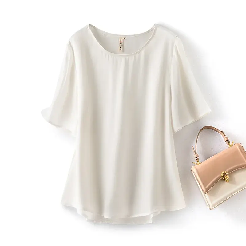 Spring Summer Women's Silk Short Sleeve T-Shirt round Neck Heavy Copper Ammonia Silk Top Large Size Simple Fashion Shirt