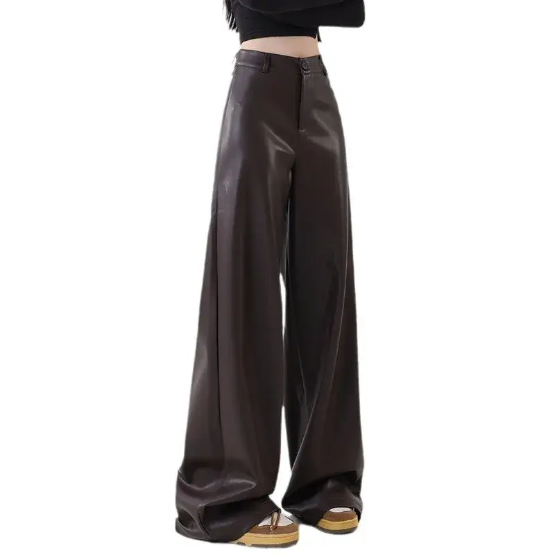 High Waist PU Leather Pants Women's Loose Wide Leg Fall Fashion Straight Cut Dramatic Black Girl Sensation Floor Length Trousers