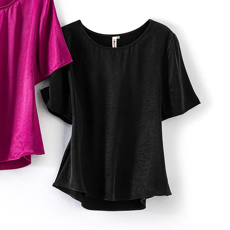Spring Summer Women's Silk Short Sleeve T-Shirt round Neck Heavy Copper Ammonia Silk Top Large Size Simple Fashion Shirt