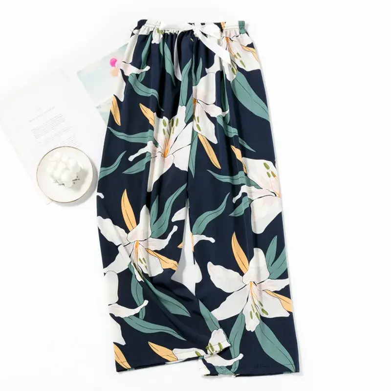 Spring Summer New Style Women's Cotton Silk Sleepwear Loose Wide Leg Pants Comfortable Thin Large Size Long Trousers