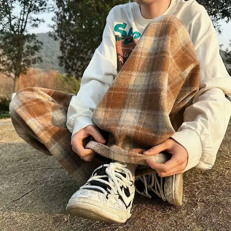Vintage American Style Tweed Plaid Men's Pants Loose Straight Wide Leg Casual Trousers Trendy Brand Punk Rock Streetwear
