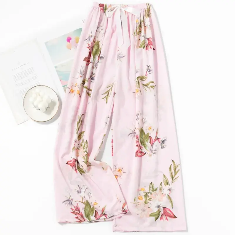 Spring Summer New Style Women's Cotton Silk Sleepwear Loose Wide Leg Pants Comfortable Thin Large Size Long Trousers