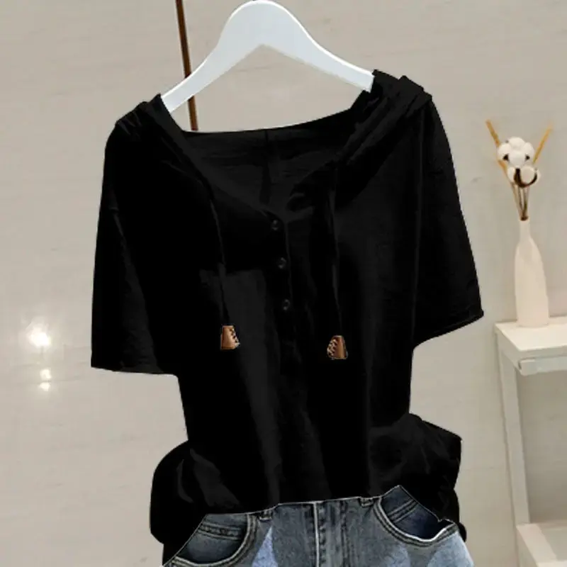 2025 Loose-Fit Slimming Pullover Top Women's Hooded Short Sleeved T-Shirt Spring Summer New Style Versatile Belly Covering