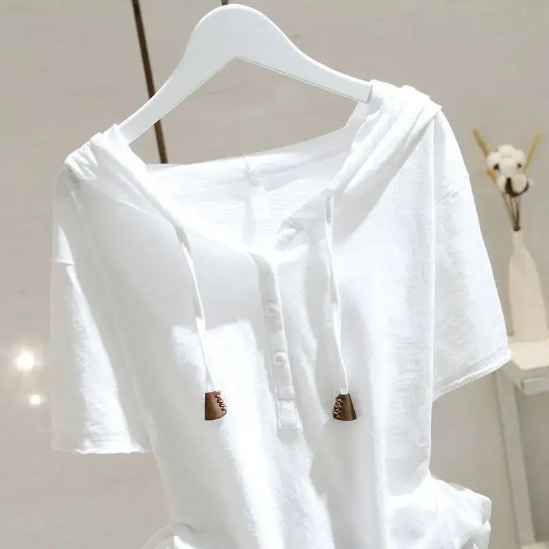 2025 Loose-Fit Slimming Pullover Top Women's Hooded Short Sleeved T-Shirt Spring Summer New Style Versatile Belly Covering