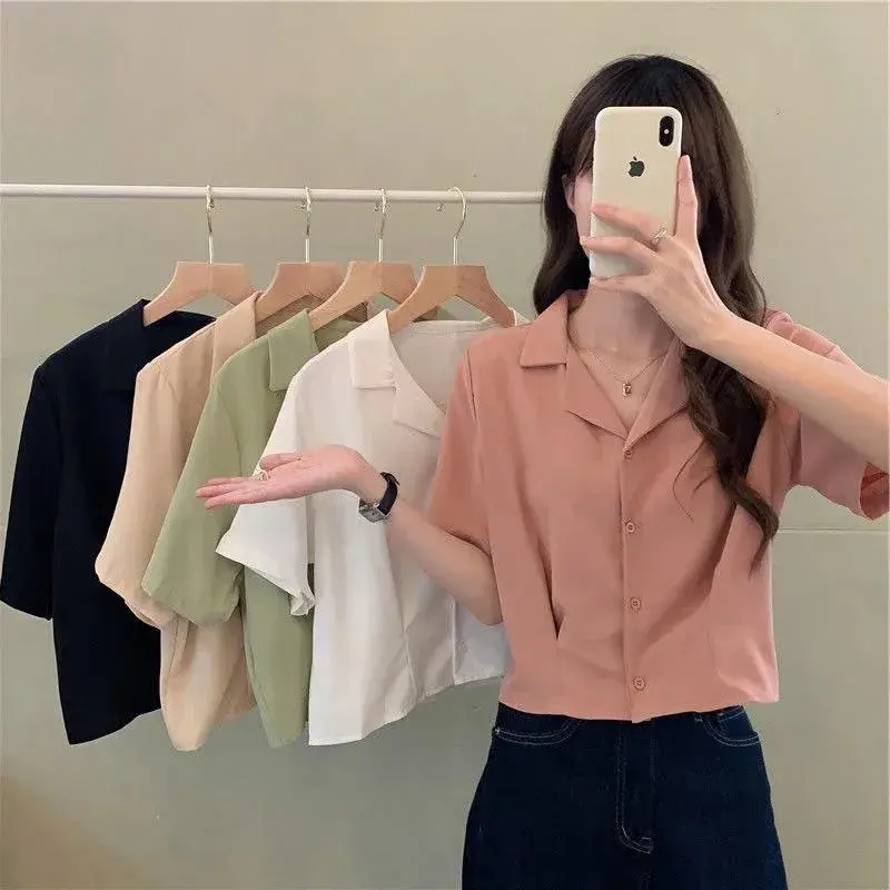Elegant Short Sleeve Shirt Women's Design Korean Style Suit Collar Short Top Beautiful Shirt Fashionable And Stylish
