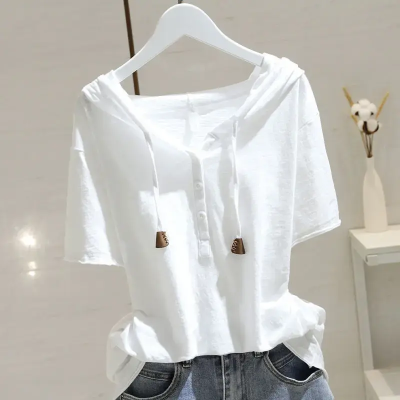 2025 Loose-Fit Slimming Pullover Top Women's Hooded Short Sleeved T-Shirt Spring Summer New Style Versatile Belly Covering
