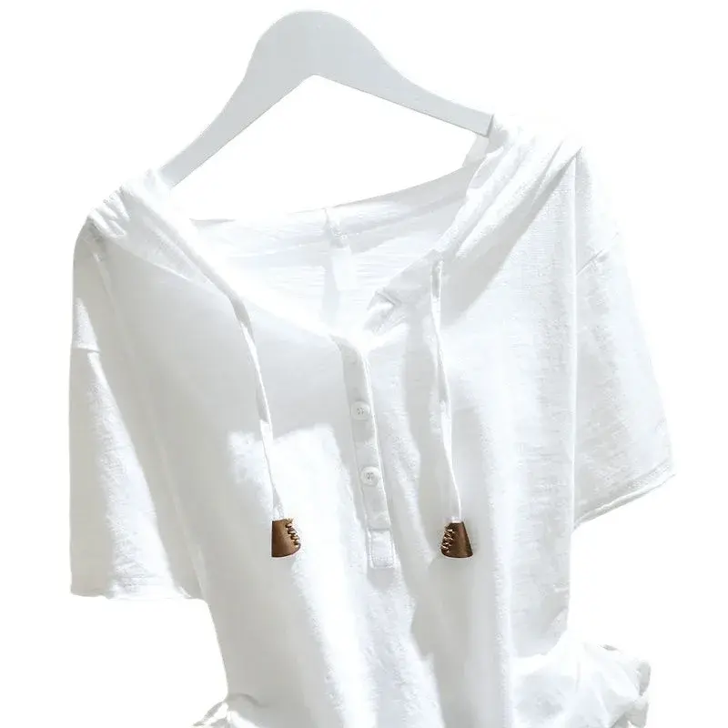 2025 Loose-Fit Slimming Pullover Top Women's Hooded Short Sleeved T-Shirt Spring Summer New Style Versatile Belly Covering