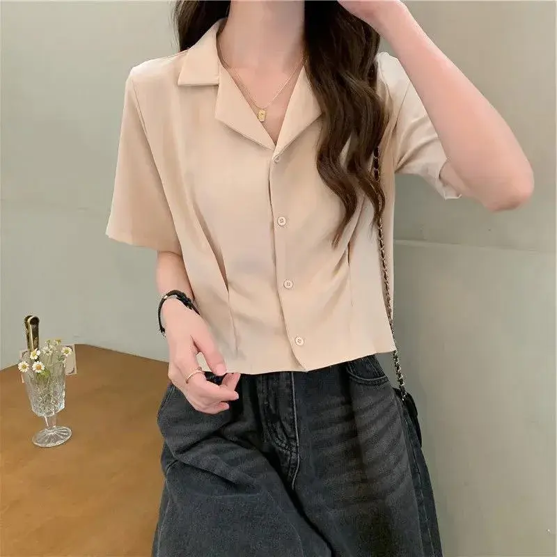 Elegant Short Sleeve Shirt Women's Design Korean Style Suit Collar Short Top Beautiful Shirt Fashionable And Stylish