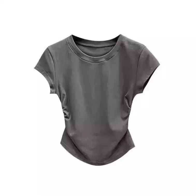 Spicy Girl Pure Desire Waist-Fitted T-Shirt Short Sleeves Women's 2024 Summer New Solid Color Base Round Neck Slims You And Smoo
