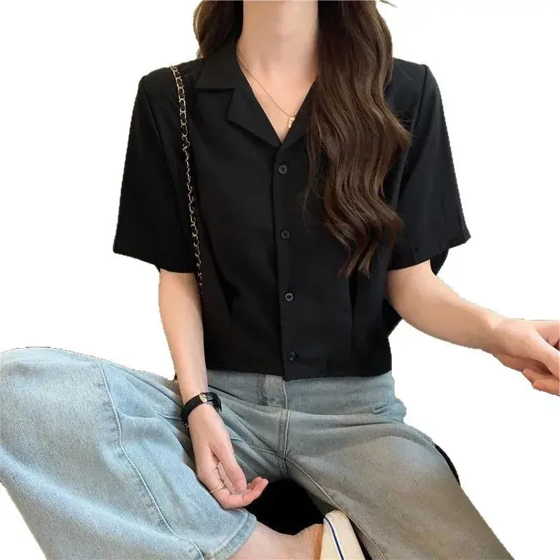 Elegant Short Sleeve Shirt Women's Design Korean Style Suit Collar Short Top Beautiful Shirt Fashionable And Stylish