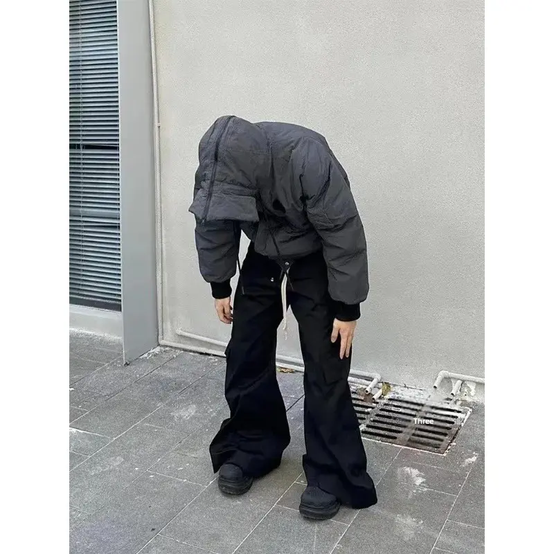 2024Niche Men's And Women's Bell-Bottom Cargo Pants Dull Black Multi-Pocket Wide-Leg Workwear Casual Drawstring Pants