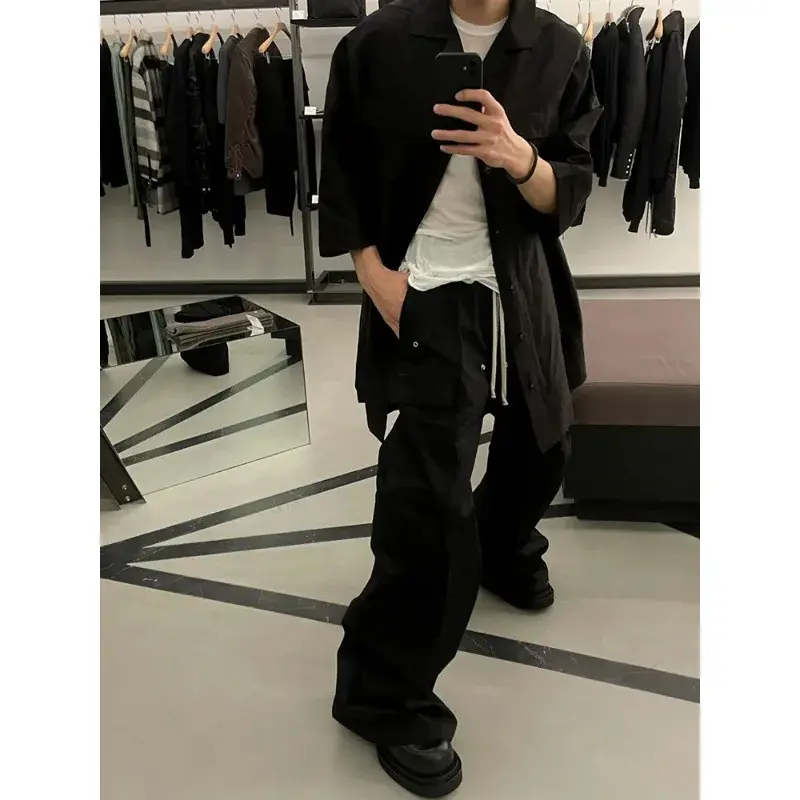 2024Niche Men's And Women's Bell-Bottom Cargo Pants Dull Black Multi-Pocket Wide-Leg Workwear Casual Drawstring Pants