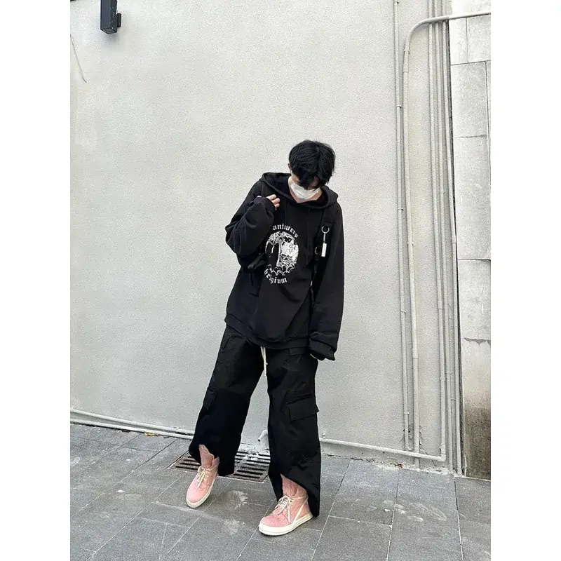 2024Niche Men's And Women's Bell-Bottom Cargo Pants Dull Black Multi-Pocket Wide-Leg Workwear Casual Drawstring Pants