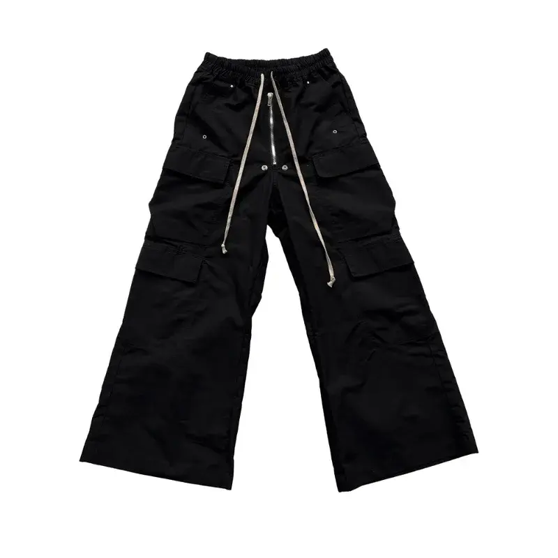2024Niche Men's And Women's Bell-Bottom Cargo Pants Dull Black Multi-Pocket Wide-Leg Workwear Casual Drawstring Pants
