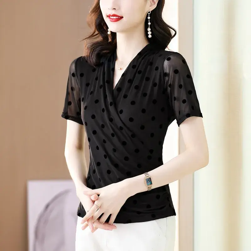 Polka Dot Mesh Top Women's Summer T-shirt Short Sleeve V-neck Slim Fit Base Shirt Fashionable Small Shirt Cross Design