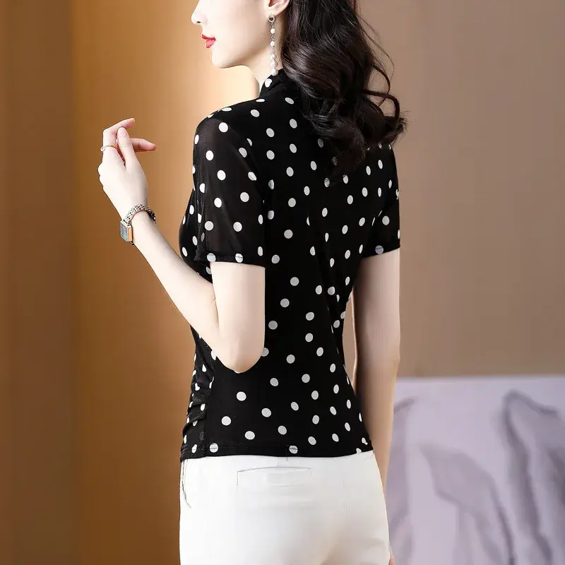Polka Dot Mesh Top Women's Summer T-shirt Short Sleeve V-neck Slim Fit Base Shirt Fashionable Small Shirt Cross Design