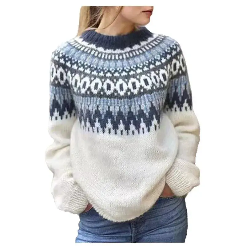 Loose Fashionable Women's Crew Neck Pullover Knitwear Color Block Sweater New Arrival Wish Bestseller Comfortable Casual Top