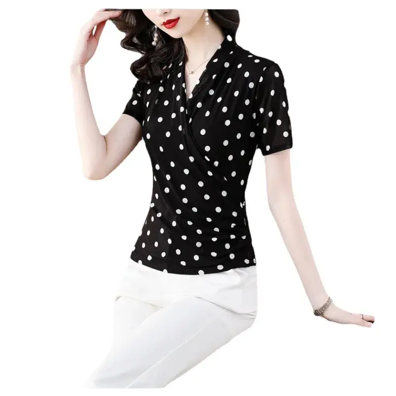 Polka Dot Mesh Top Women's Summer T-shirt Short Sleeve V-neck Slim Fit Base Shirt Fashionable Small Shirt Cross Design