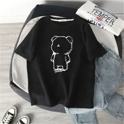Women's Loose-Fit Short-Sleeve T-Shirt 2022 Korean Style Summer Bear Medium-Length Versatile Top Ins Trendy Cotton Crew Neck