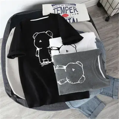 Women's Loose-Fit Short-Sleeve T-Shirt 2022 Korean Style Summer Bear Medium-Length Versatile Top Ins Trendy Cotton Crew Neck