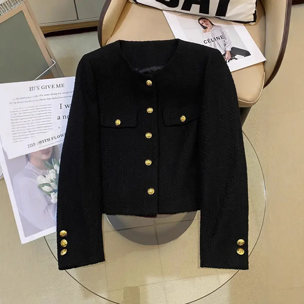 French Coarse Tweed Fleece Black Top 2024 Autumn/Winter Korean Style Thickened Cropped Tweed Jacket For Women Trendy