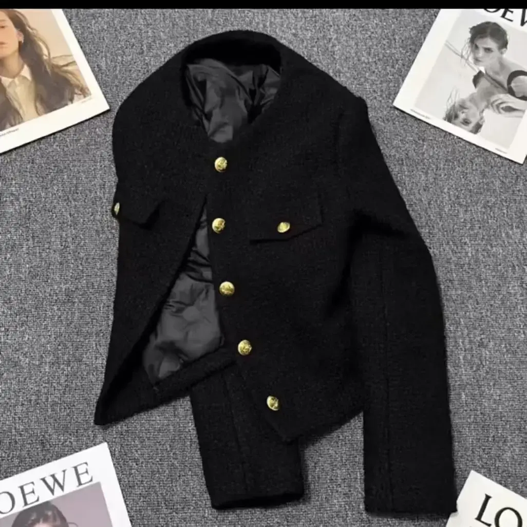 French Coarse Tweed Fleece Black Top 2024 Autumn/Winter Korean Style Thickened Cropped Tweed Jacket For Women Trendy