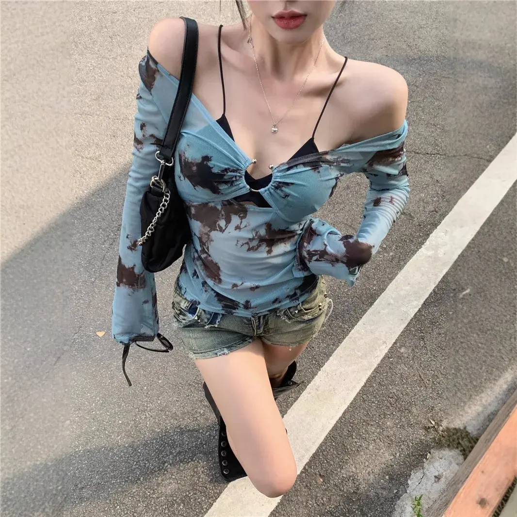 Pure Desire Dyed V-Neck Long Sleeve Mesh T-Shirt Women Early Autumn Sexy Slim Fit Sun Protection Top Two-Piece Set
