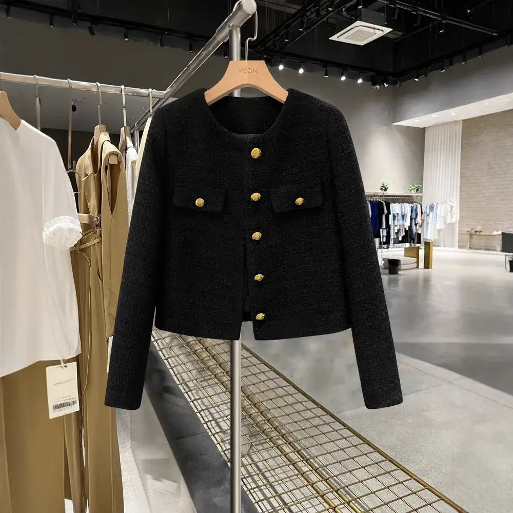 French Coarse Tweed Fleece Black Top 2024 Autumn/Winter Korean Style Thickened Cropped Tweed Jacket For Women Trendy