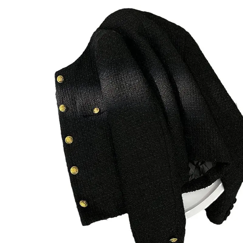 French Coarse Tweed Fleece Black Top 2024 Autumn/Winter Korean Style Thickened Cropped Tweed Jacket For Women Trendy