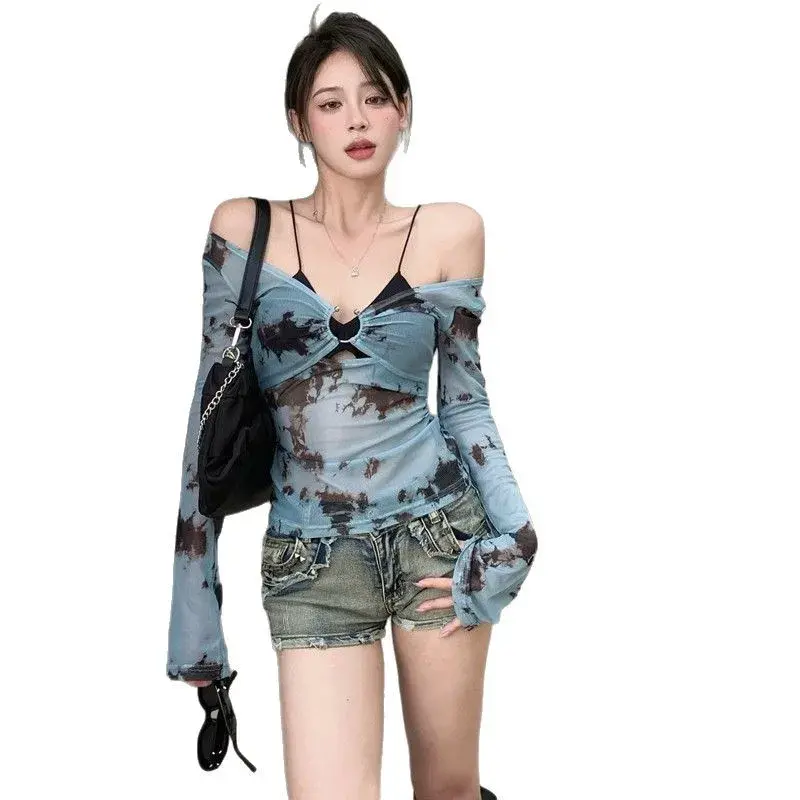 Pure Desire Dyed V-Neck Long Sleeve Mesh T-Shirt Women Early Autumn Sexy Slim Fit Sun Protection Top Two-Piece Set