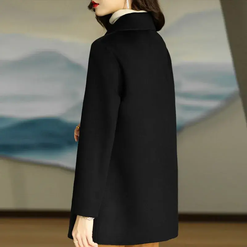 Plus Size Women's Woolen Coat Slim Fit Long Mid-Length Turn-down Collar Small Size Outerwear Autumn Winter Fashion Casual Top