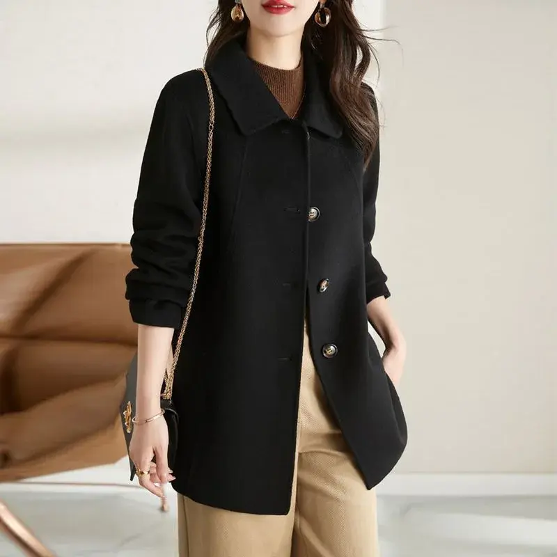 Plus Size Women's Woolen Coat Slim Fit Long Mid-Length Turn-down Collar Small Size Outerwear Autumn Winter Fashion Casual Top
