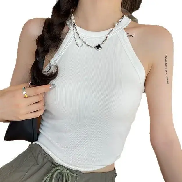 Summer New Style Women's Knitted Neck Hanging Sleeveless Vest Base Tank Top Ladies Can Wear Outer without Chest Pad