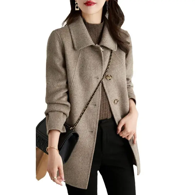 Plus Size Women's Woolen Coat Slim Fit Long Mid-Length Turn-down Collar Small Size Outerwear Autumn Winter Fashion Casual Top