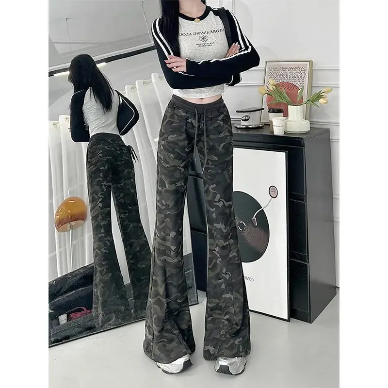 Plus Size American Retro Camouflage Flared Pants Women's Spring Summer New Drawstring Slimming Casual Flared Trousers