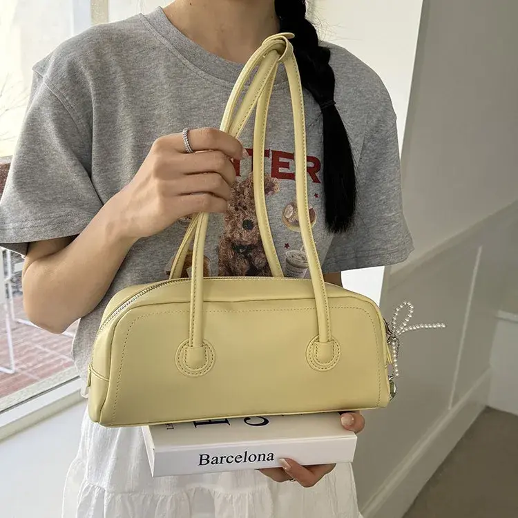 NicheDesign Women's 2025 New Style French Bread Bag Simple Versatile Single Shoulder Underarm Bag Boston Bag Polyester Fiber Lin