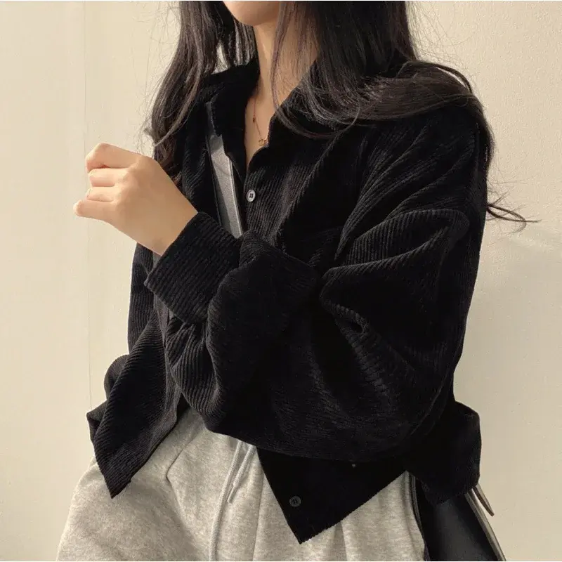 Korean Dongdaemun Style Women's Long Sleeve Corduroy Jacket Chic Vintage Lapel Cropped Cardigan Trendy Autumn Fashion