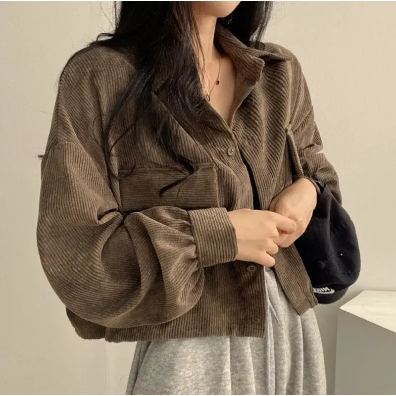 Korean Dongdaemun Style Women's Long Sleeve Corduroy Jacket Chic Vintage Lapel Cropped Cardigan Trendy Autumn Fashion