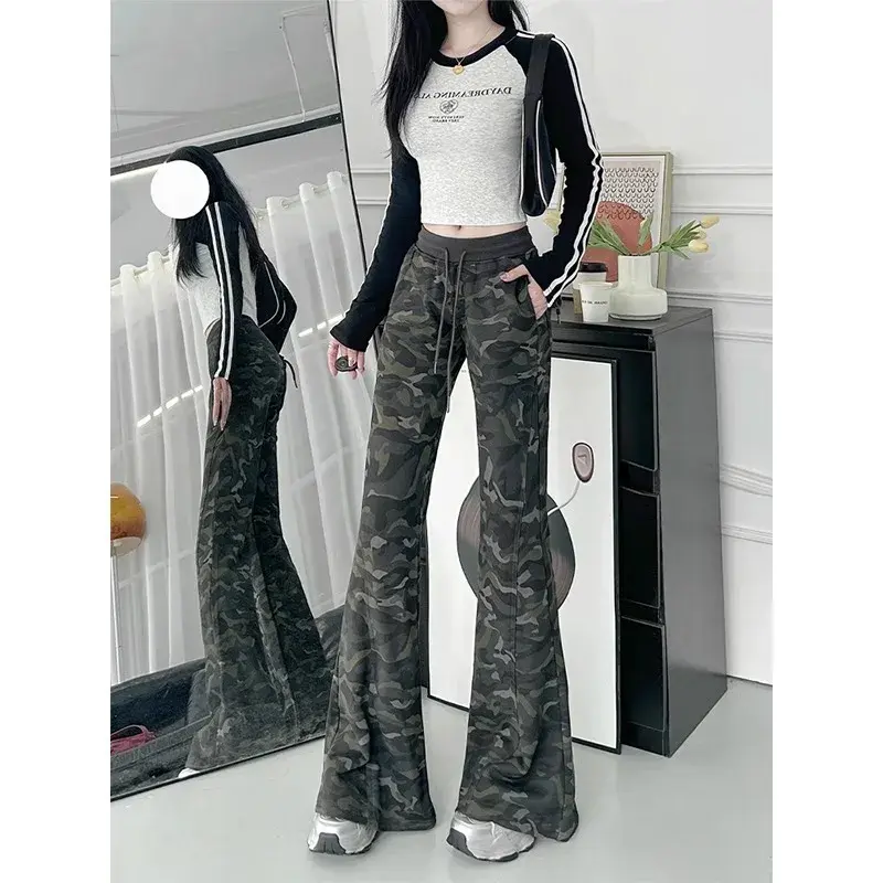 Plus Size American Retro Camouflage Flared Pants Women's Spring Summer New Drawstring Slimming Casual Flared Trousers