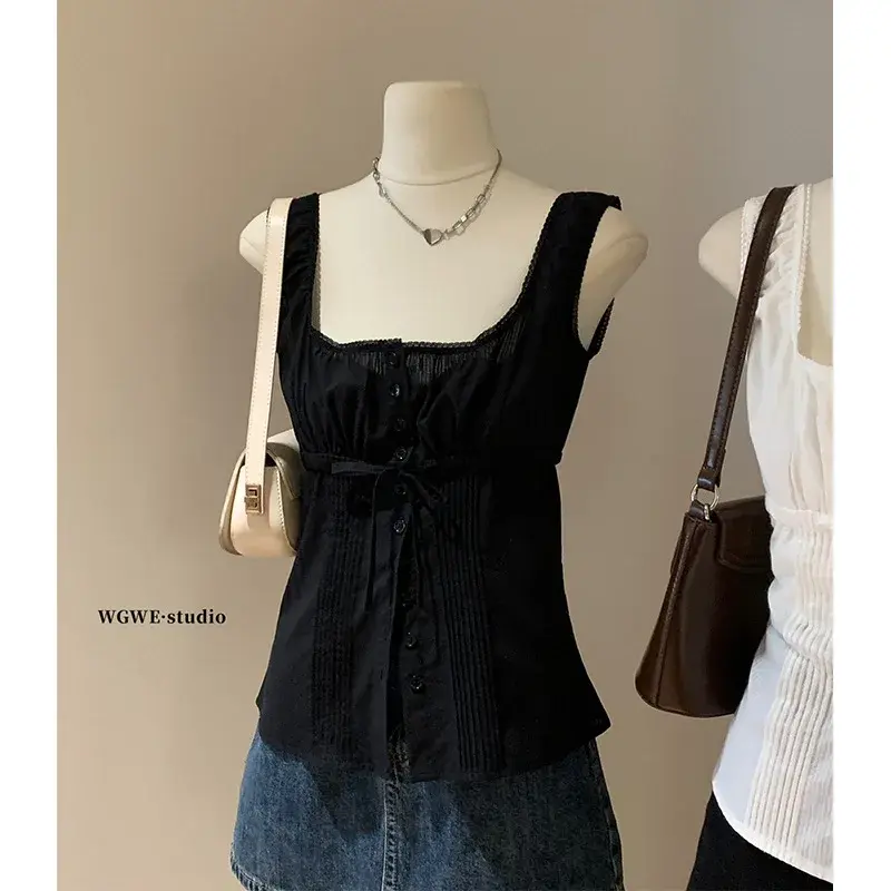 Pure Desire Sexy Lace Trim V-Neck Sleeveless Vest Slim Fit Summer Patchwork Women's Top Cotton Material Fashionable Vest