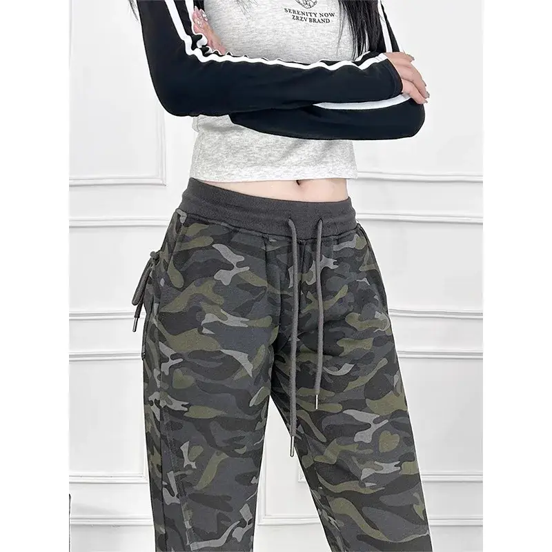 Plus Size American Retro Camouflage Flared Pants Women's Spring Summer New Drawstring Slimming Casual Flared Trousers
