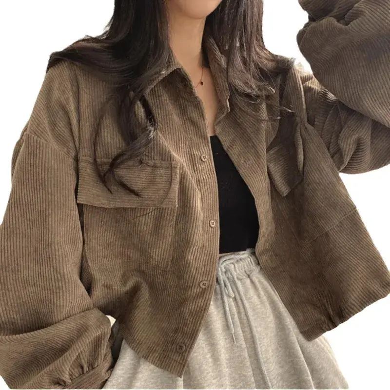 Korean Dongdaemun Style Women's Long Sleeve Corduroy Jacket Chic Vintage Lapel Cropped Cardigan Trendy Autumn Fashion