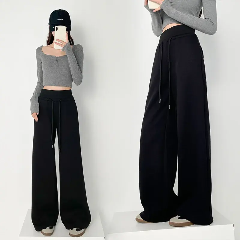 High Waist Antenna Waist Casual Sports Pants Women's Spring Autumn Loose Slimming Wide Leg Pants Double Partition Style